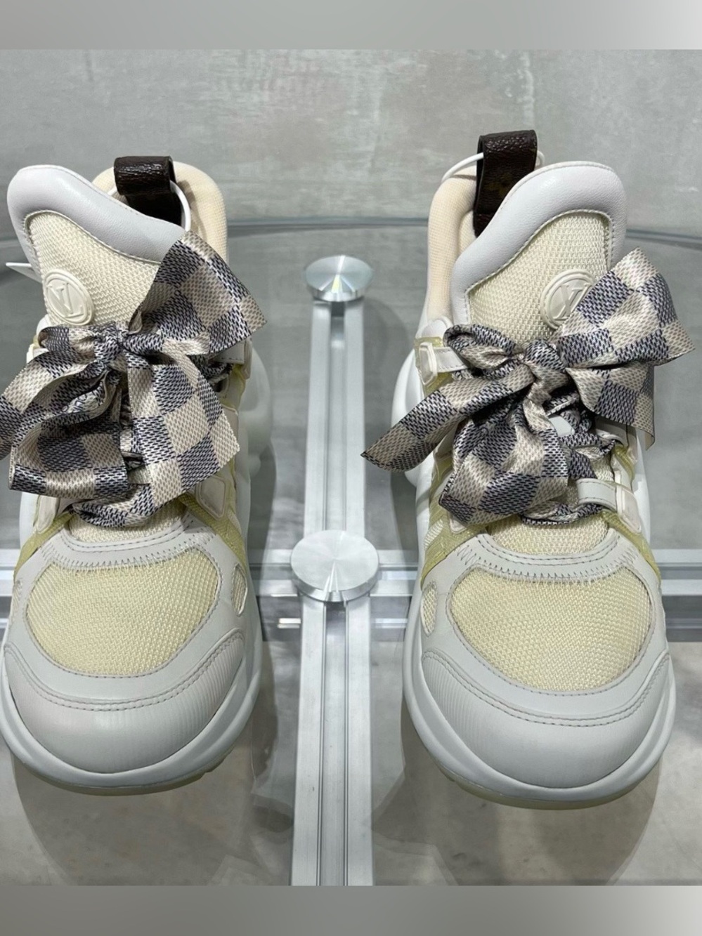 Louis Vuitton Cream & White Womens Chunky Sneakers with Check Ribbon